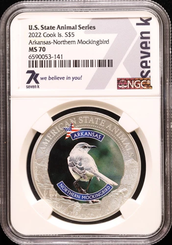 2022 NGC MS70 - COOK ISLANDS - 1 oz Silver Arkansas Northern Mockingbird #3-141