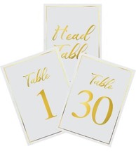 New Wedding Table Numbers 1-30 Plus Head Table Card. Gold Printed on both Sides