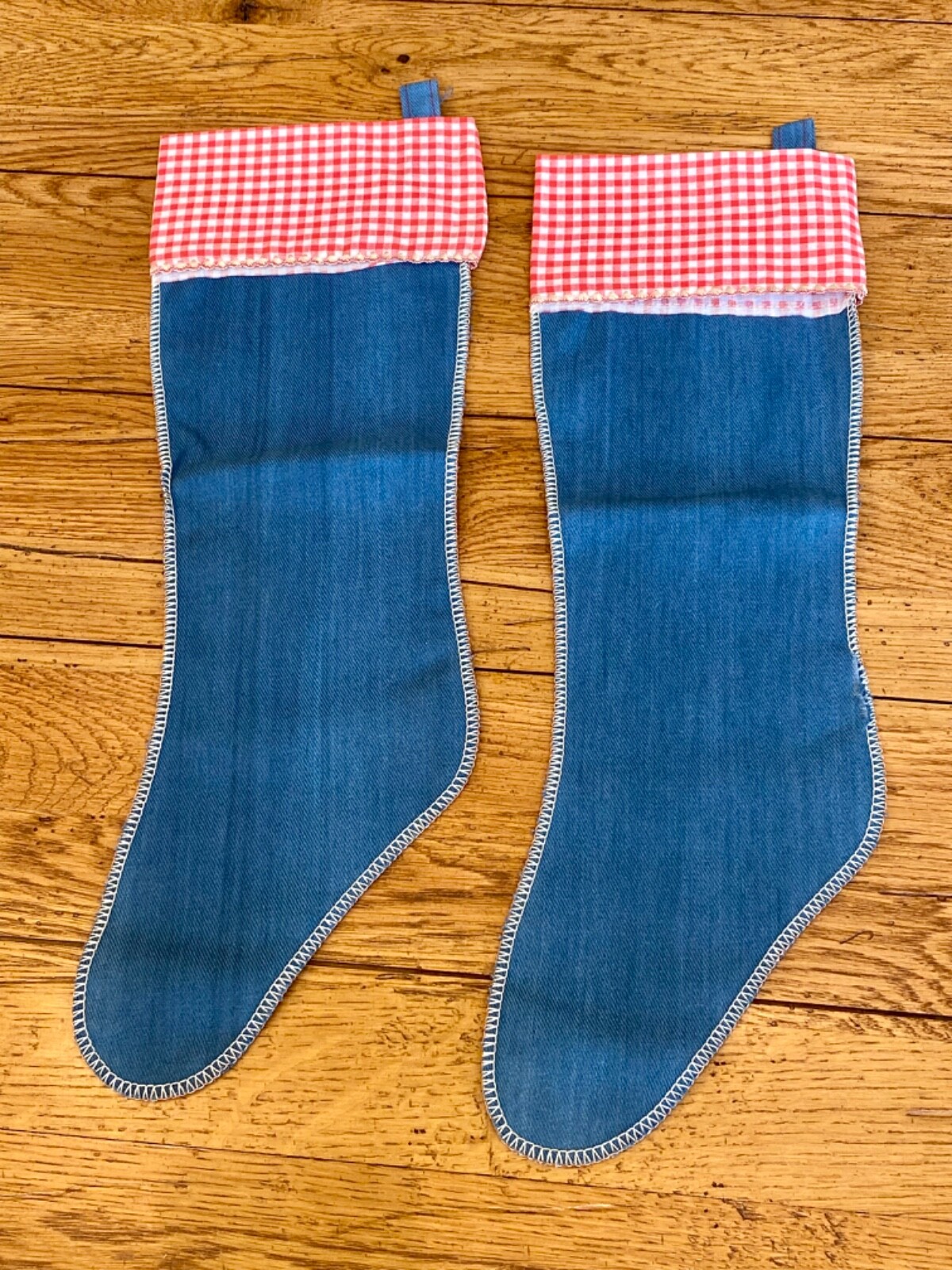 Two Vintage Handmade Christmas Stockings Santa Red Gingham Blue Jean