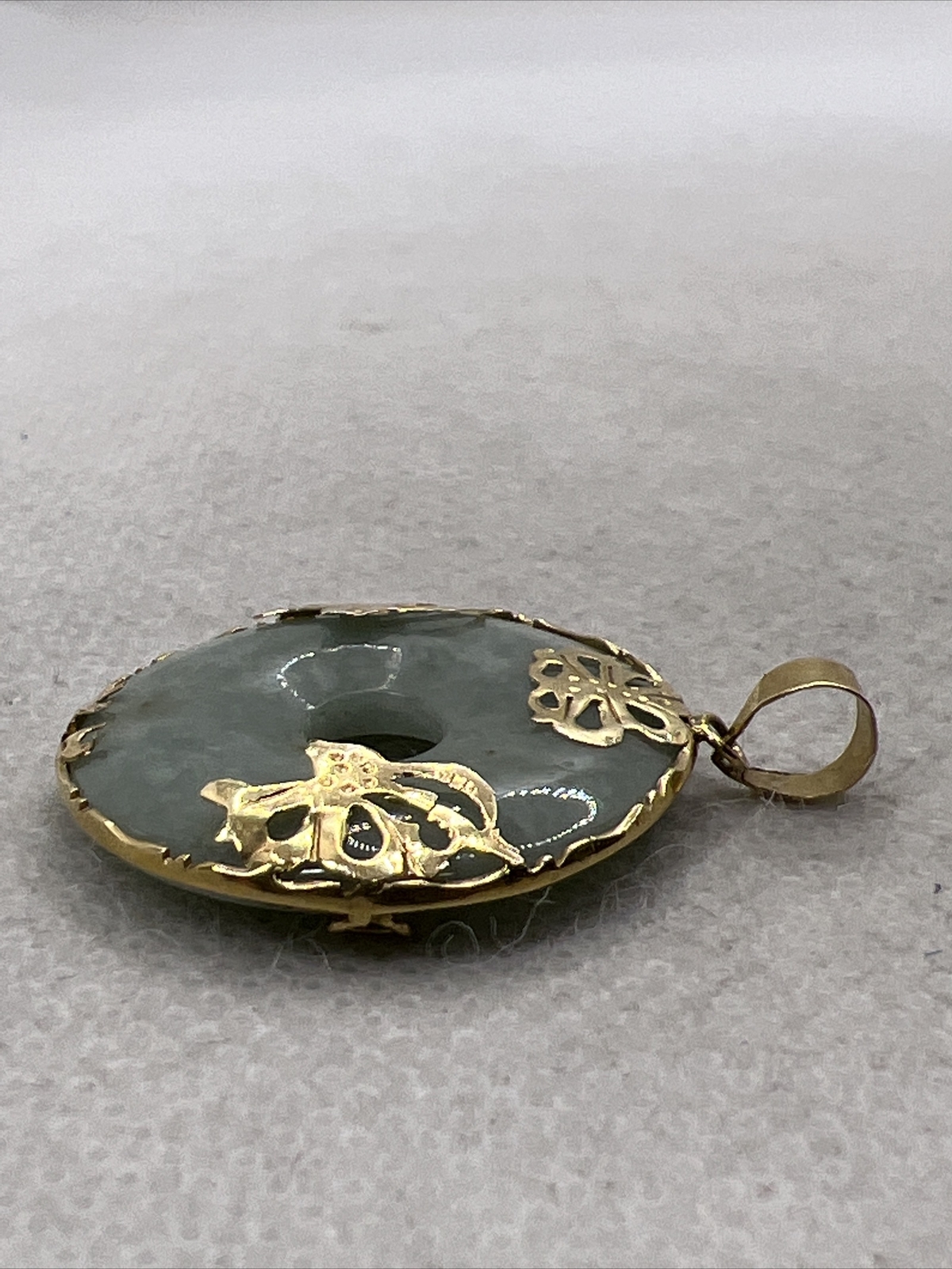 Solid 14K Yellow Gold Round Green Jade Charm Pend… - image 2