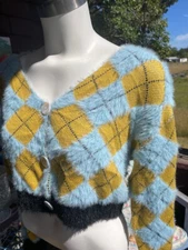 SO Juniors Sweater Cropped Brown Argyle Long Sleeve Button Up Fuzzy Sz L