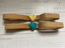 Teal  Yellow Heart Kids Belts Vtg 80s Braided Burlap Hemp Fiber Ceramic Buckle