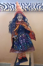 ON SALE Halloween Witch Doll stand, nose wart, long hair, multi-fabric dress 21"