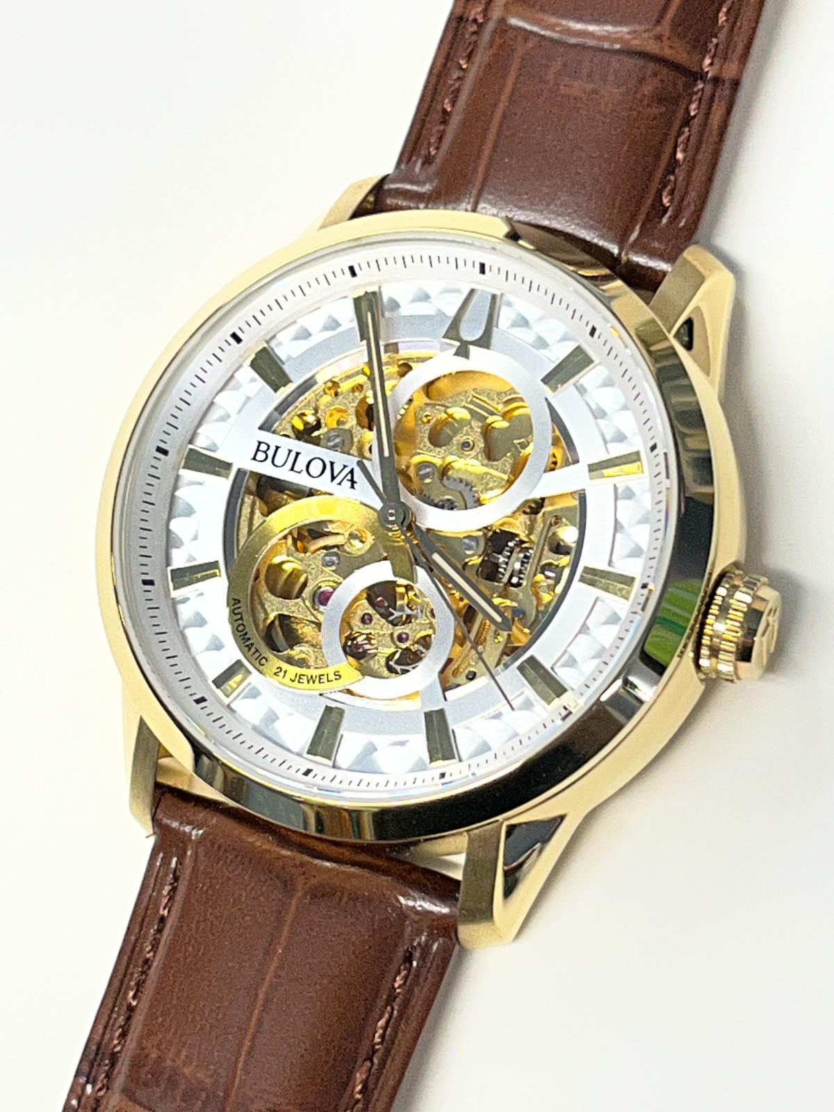 Bulova Sutton Automatic Skeleton Dial Brown Leather Men's Watch 97A138 READ