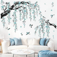 Large Watercolor Flower Branch Wall Stickers Blue Blossom Tree Branches Peel Art