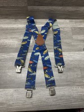 Vtg 80 - 90 s FISH SUSPENDERS Blue Made In USA Elastic w Metal Clips - MUST SEE