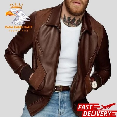 CELEBRITY STYLE PURE BROWN LEATHER BOMBER JACKET FOR MEN'S