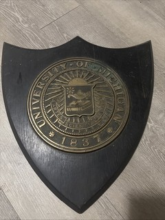 Vintage Brass University Of Michigan Wall Building Plaque Wood Shield