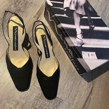 Vintage Nina Comfort Black Ribbon Sling Back Mules Kitten Heels - with box