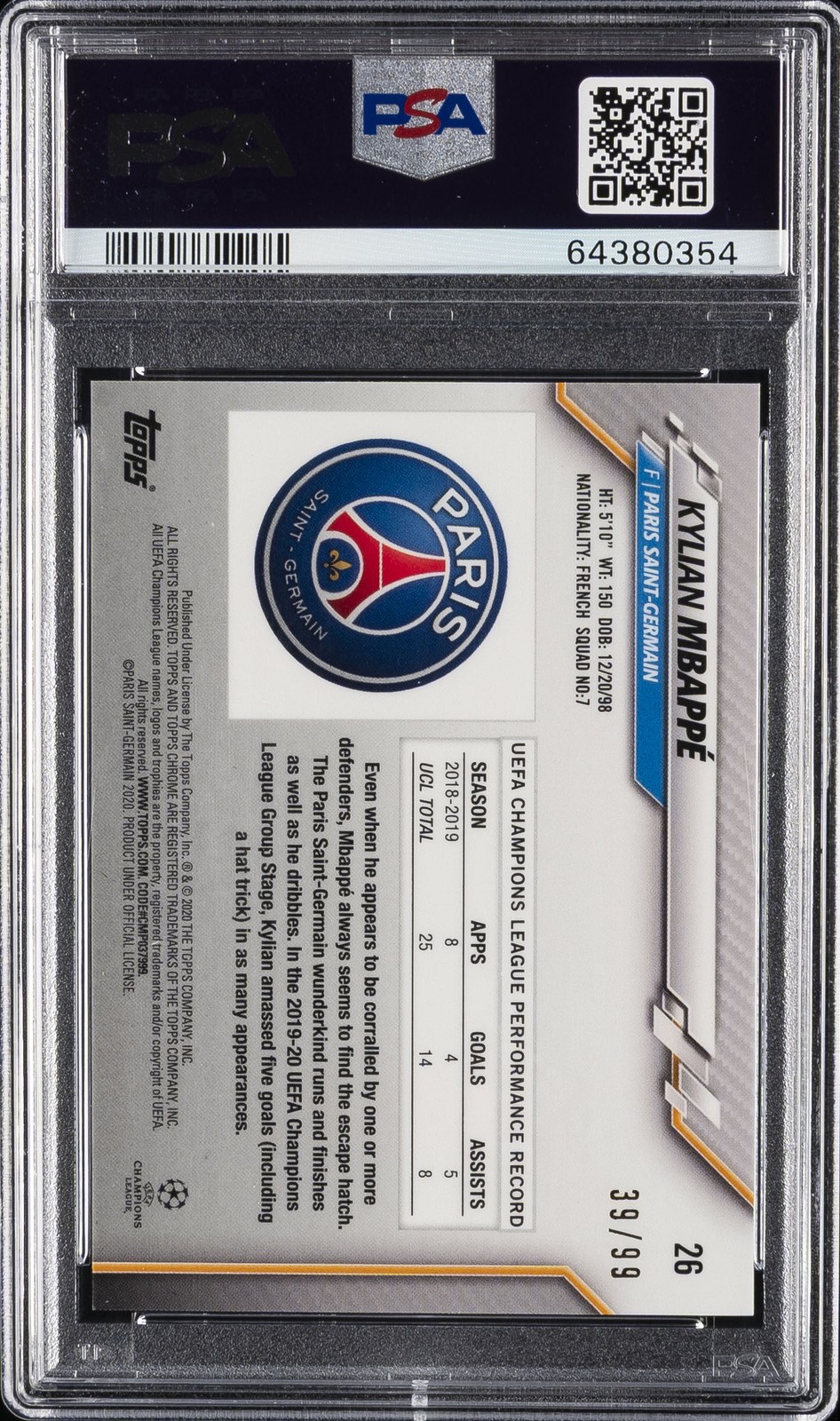 2019 TOPPS CHROME CHAMPIONS LEAGUE GREEN REFRACTOR KYLIAN MBAPPE 39/99 PSA 10 view 2