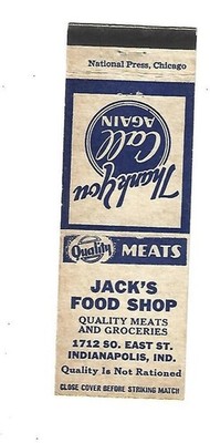 Jack's Food Shop - Indianapolis, IND.  Matchcover    1712 S. East St.