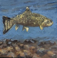 Dipinto originale a guazzo in miniatura su pannello 4 x 4 pesci grandi incorniciato