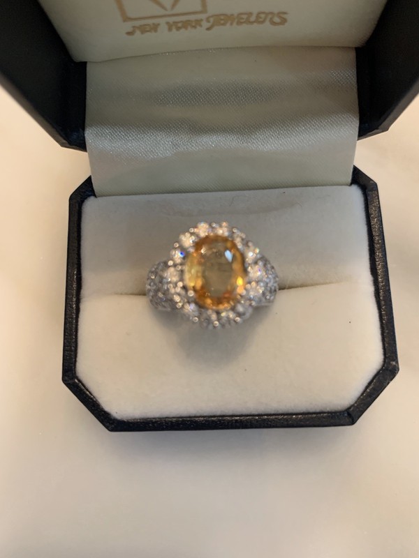 18K Gold Orange Yellow Sapphire Diamond Halo Pave Ring Oval 2.40ctw Size 5