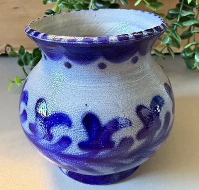 Rustikale Vintage Keramik-Vase Blau-Weiß Handbemalt Dekor - Bild 1 von 4