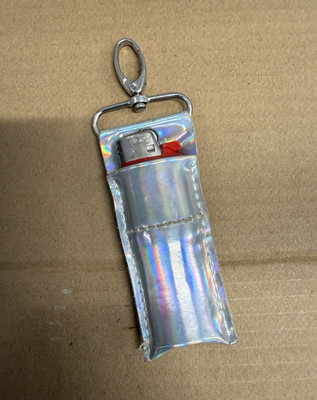 Silver Holographic Lighter Holder Sleeve Key Chain w/ Metal Clip, Solid