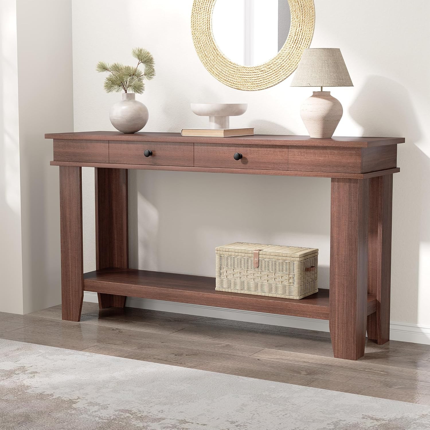 54" Wooden Console Table, Entryway Table with Drawers & Open Storage Shelf