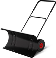 29.5" U-Shape Steel Snow Pusher with Wheels, Adjustable Blade & Height Handle