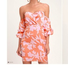 Lulus Baros Coral Orange Floral Print Off-the-Shoulder Bodycon Dress