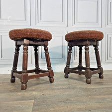 Vintage Round Pub Stools - Turned Wood Legs Upholstered Bar Seats Pair Man Cave