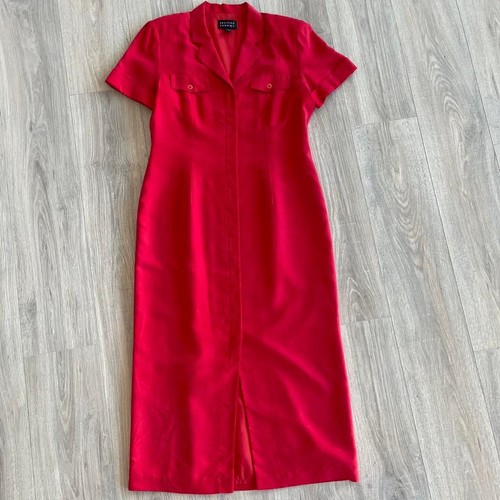 Vintage 100% Silk Red Long Maxi Shirt Dress 90's / 80's Old Money Mob Wife Retro - Picture 2 of 8