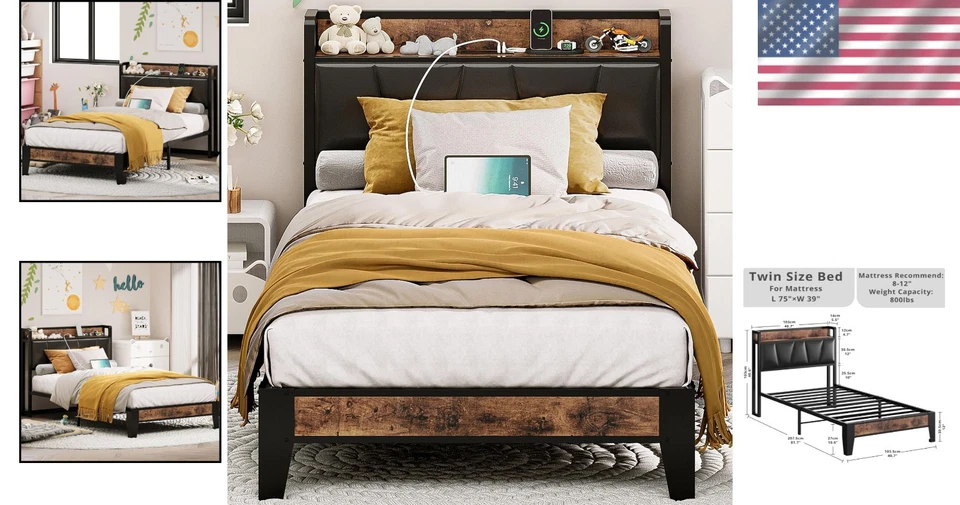 Elegante marco de cama doble con cabecero vintage y cómoda estación de carga Foto 2 de 4