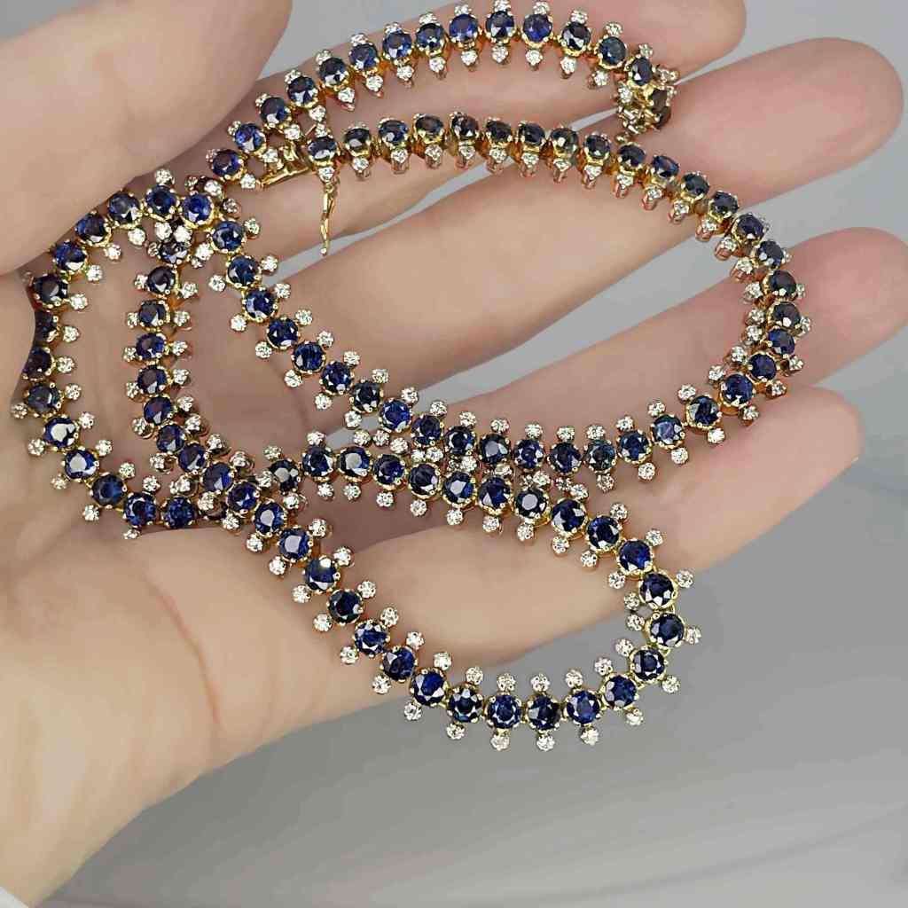 Stunning 29.3ctw Unheated Deep Blue Sapphire Diamond 14K Tennis Necklace image 6