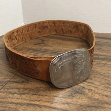 Vtg Western Tooled Leather Belt Silver Cowboy Buckle Acorn Oak Leaf Motif Sz 32