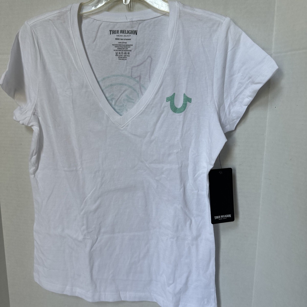 True Religion Women's Crystal Accent Buddha Logo Deep V-Neck Tee T