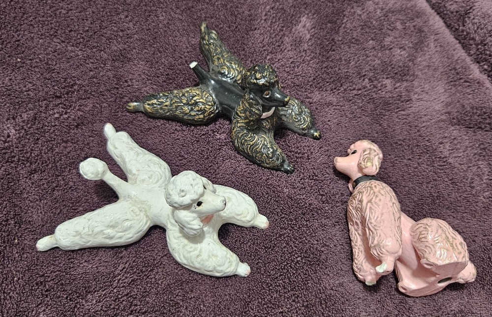 Vintage Set Of 3  Ceramic White, Black, Pink  Poodle Dog Figurines  Collectibles