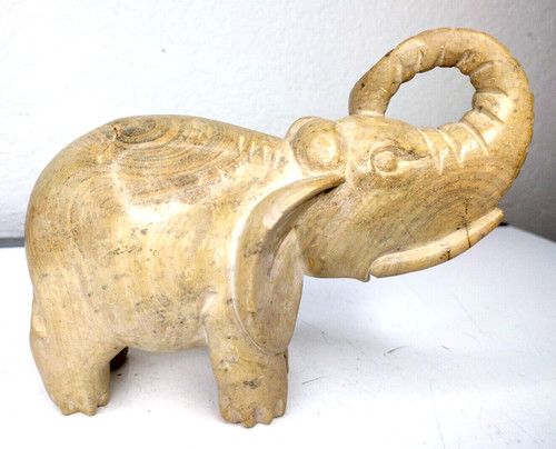 Vintage Petrified Stone Asian Elephant Sculpture Hand Carved 6" Folk Art 1978