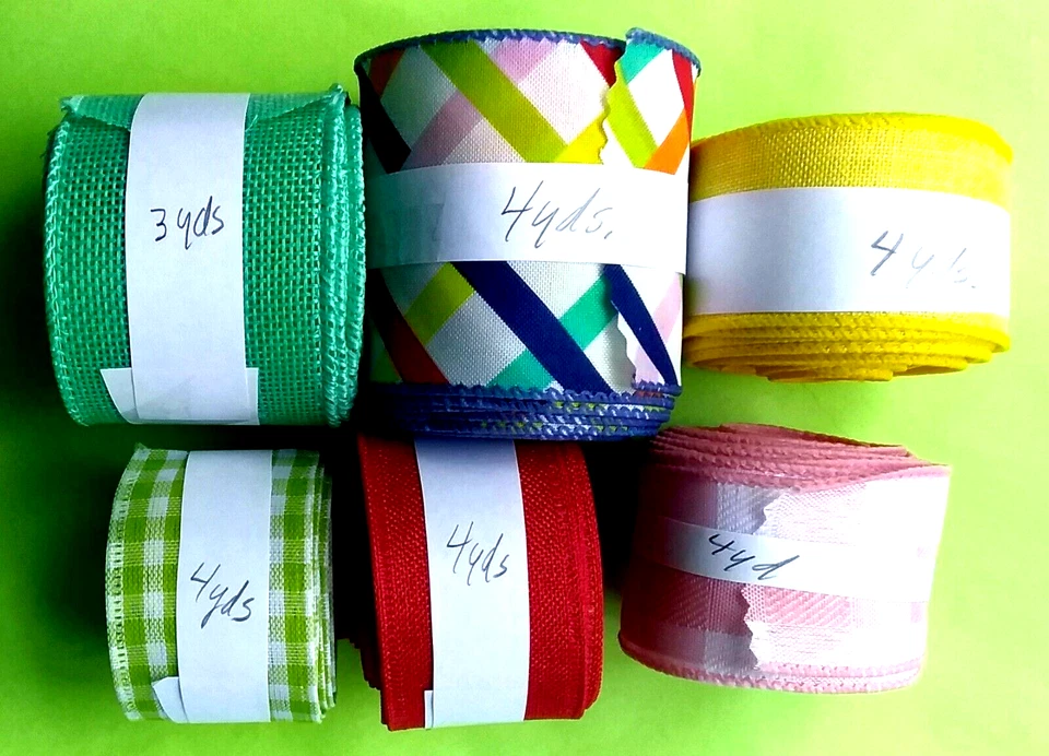 Summer Wired Ribbon Bundle 23 yards 1.5", 2" & 2.5 Plaid Solids Green Pink Red - Image 2 of 4