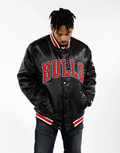 NEW Starter NBA Chicago Bulls Jordan Satin Bomber Jacket Authentic Black Label  - Picture 1 of 4