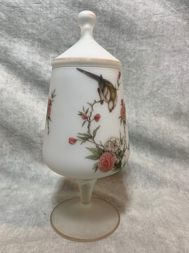 ITALIAN GLASS SATIN FROSTED COVERED JAR APOTHECARY LIDDED HAND PAINTED BIRDS - Picture 4 of 8