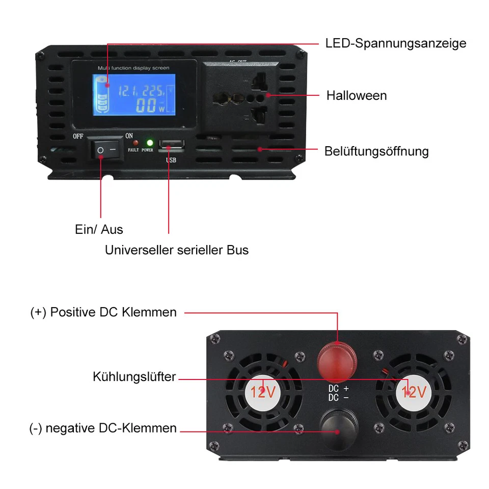 Spannungswandler 3000W Peak Reiner Sinus Wechselrichter 12v Auf 220V Auto Camp - Bild 3 von 4