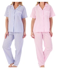 Slenderella Ladies Seersucker Stripe Pyjamas Classic Tailored Lightweight PJs