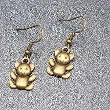 Teddy Bear Pierced Earrings Bronze tone Embossed Dangle New 3/4"