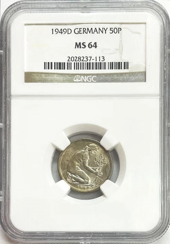 1949 D GERMANY FEDERAL REPUBLIC 50 PFENNIG MUNICH COIN NGC MINT STATE 64