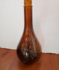 Koshu Japan amber bottle, liquor ?, flower pattern & signed, 10" tall