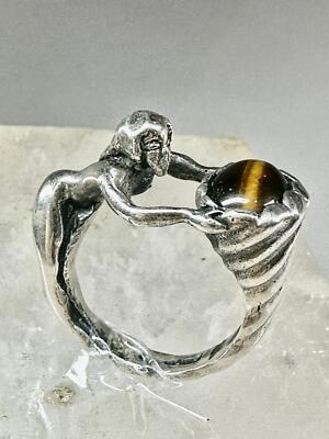 Figurativer Ring Tigerauge Füllhorn Nackte Dame Band Gr. 7,50 Sterling Silber w