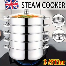 Stainless Steel Large 28cm 3/5 Tiers Steam Cooker Steamer Pan Cook Food Veg Pot.
