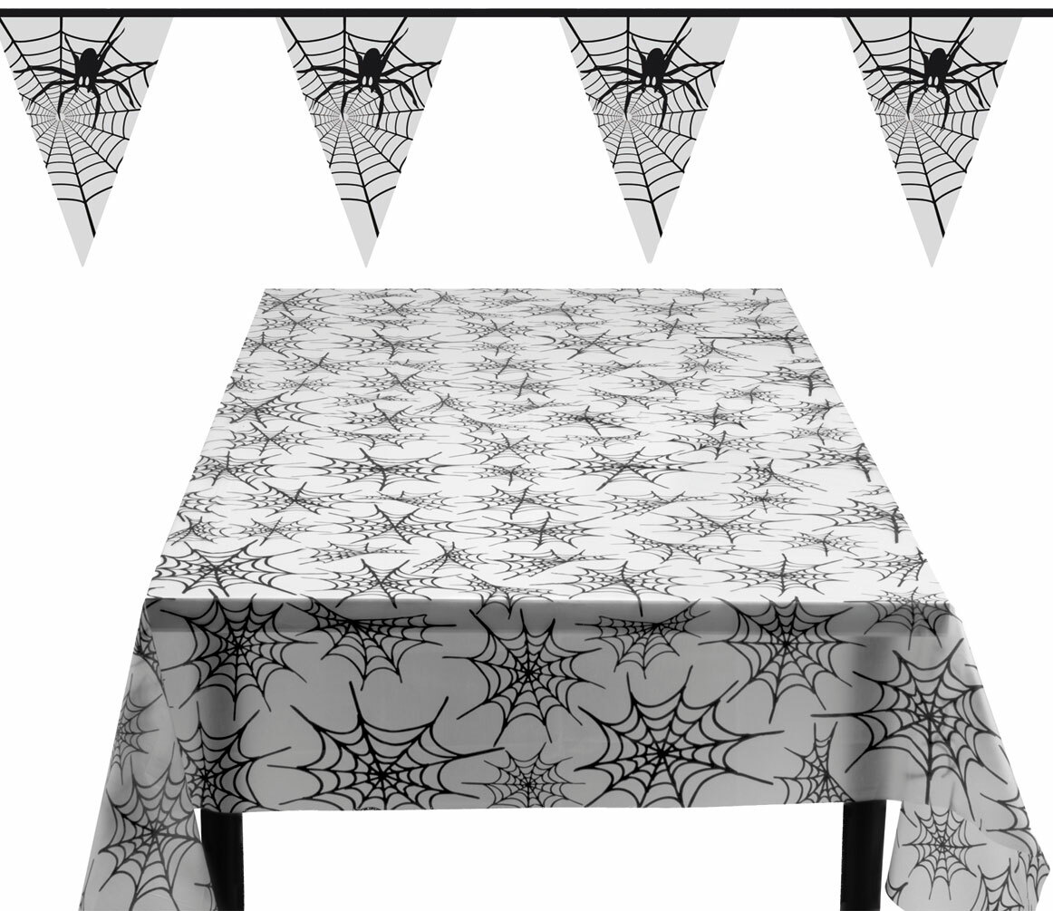 Halloween Tischdeko Set Komplett - Spinnennetz Tischdecken & 48 Fledermaus Aufkleber | Grusel Deko Für Wohnzimmer