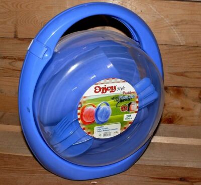 Enjoy Style Picknick Satz 32 Teilig Camping Geschirr Kunststoff Besteck NEO Blau