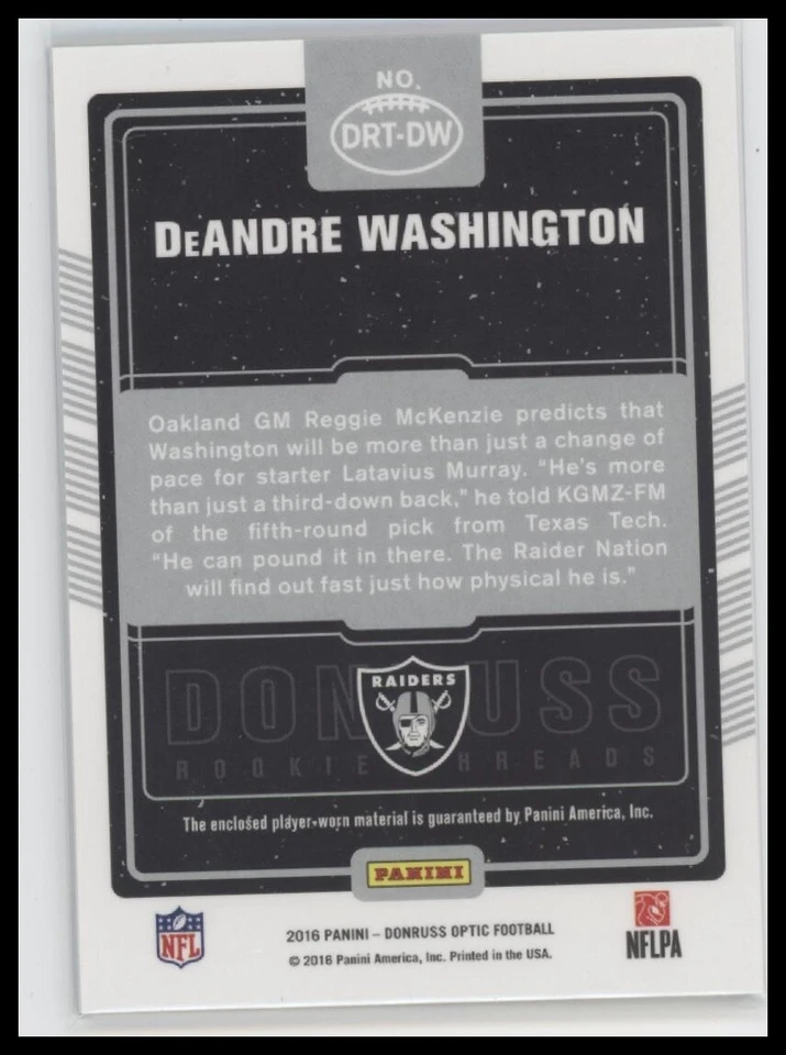 #DRT-DW DeAndre Washington 2016 Donruss Optic Rookie Threads Blue And Green - Image 2 of 2