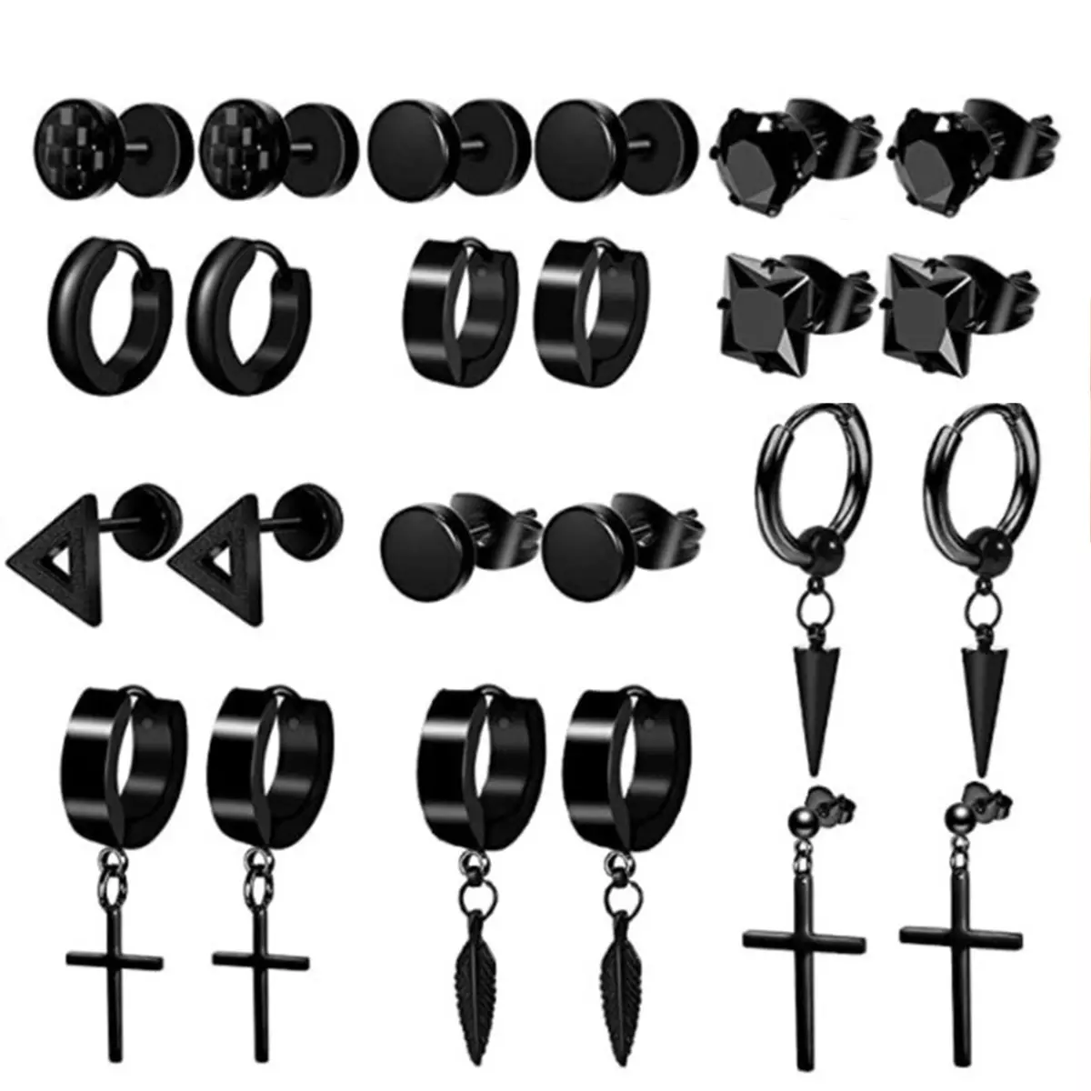 12 Pairs Set Stud Hoop Earrings Black Stainless Steel Cross