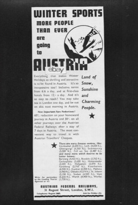 AUSTRIAN FEDERAL RAILWAYS  1934 WINTER SPORTS LAND OF SNOW- SUNSHINE- PEOPLE AD