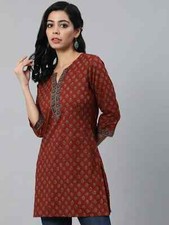 Indian Women Maroon Cotton Floral Printed Top Tunic Kurta Kurti New Dress