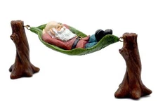 Miniature Fairy Garden Gnome Resting in Tree Trunk & Leaf Hammock -Buy 3 Save $5