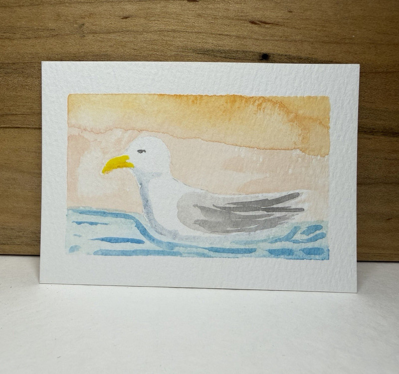 Original ACEO - Watercolor seagull with sunset background by finns.paints