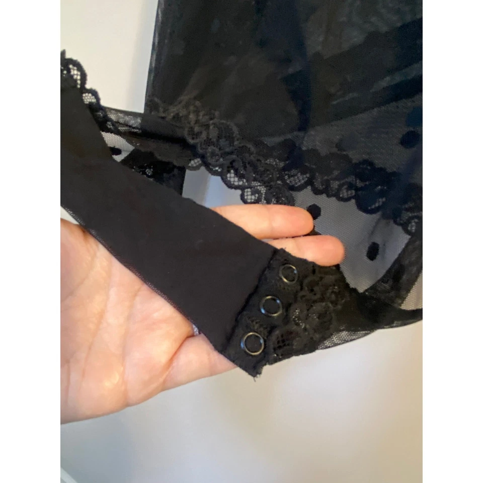 NWOT Intimissimi Long Sleeve Bodysuit tulle black polka dot ruffled neckline M - Image 4 of 4