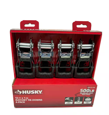 #ad HUSKY RATCHET TIE DOWN STRAPS 4 PACK 1 in. x 12 ft. Quick Release Hook 500 lbs. $10.99
